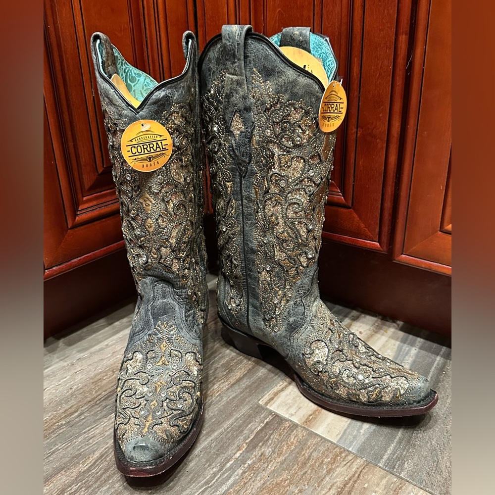 Corral A4231 Gray Gold Glitter Crystal Rhinestone Cowboy Boots Cowgirl Rodeo - Picture 3 of 9